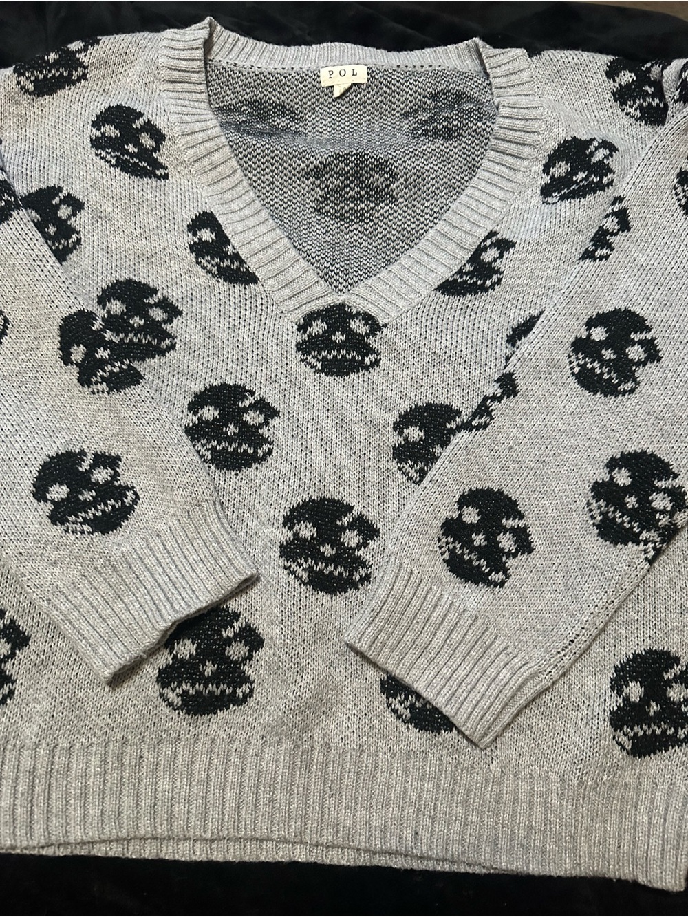 POL V-Neck Grey Knit Sweater with GHOST Black Pattern MEDIUM UNISEX
